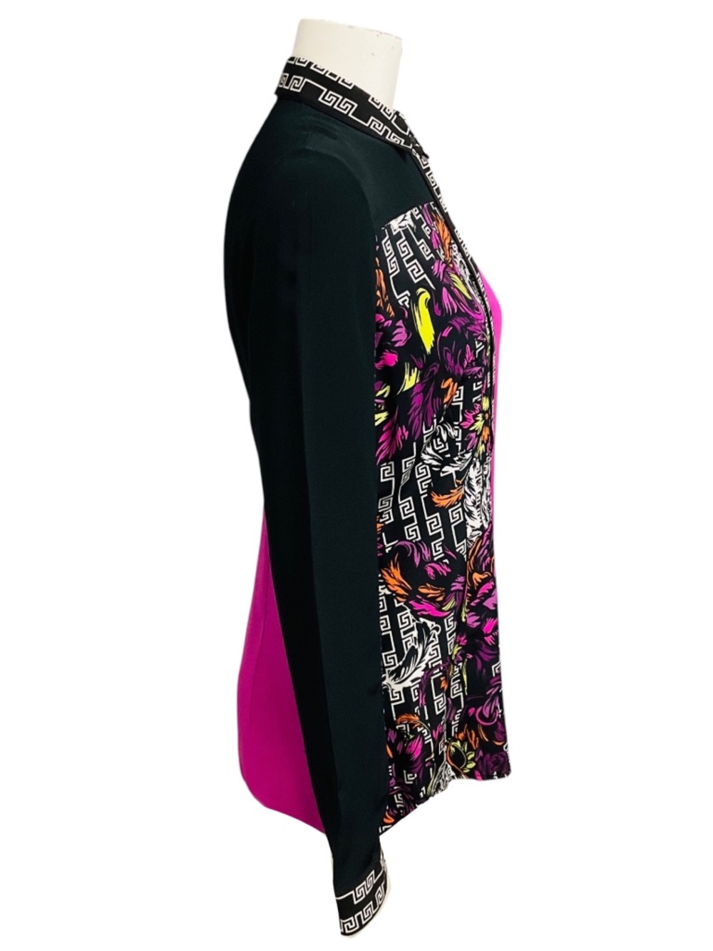 VERSACE BLACK / PINK MULTI FLORAL BAROQUE PATCHWORK PRINT SILK BLOUSE WITH MEDUS - Picture 2 of 7
